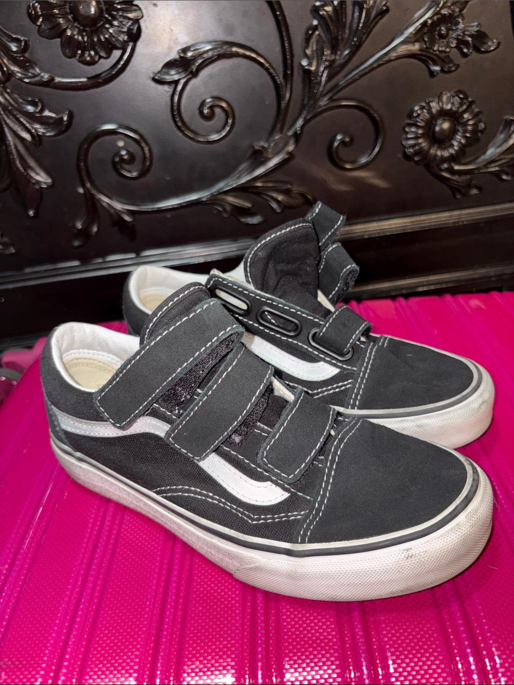 Vans Kids Black and White Velcro Skate Sneakers